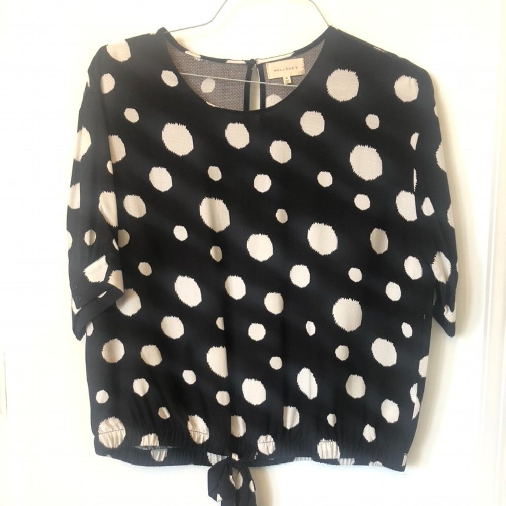 Women's Melloday Black and White Polka Dot Short Sleeve Tie Front Blouse Size M